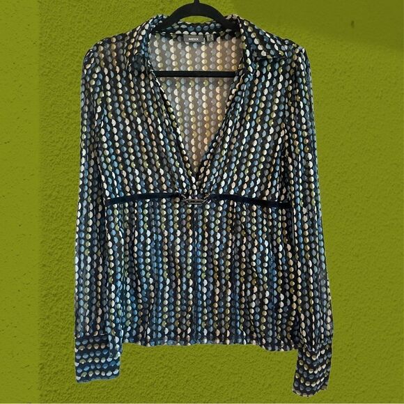 90s vintage Mexx mesh collared shirt deep v neck buckle  detail - Picture 6 of 10